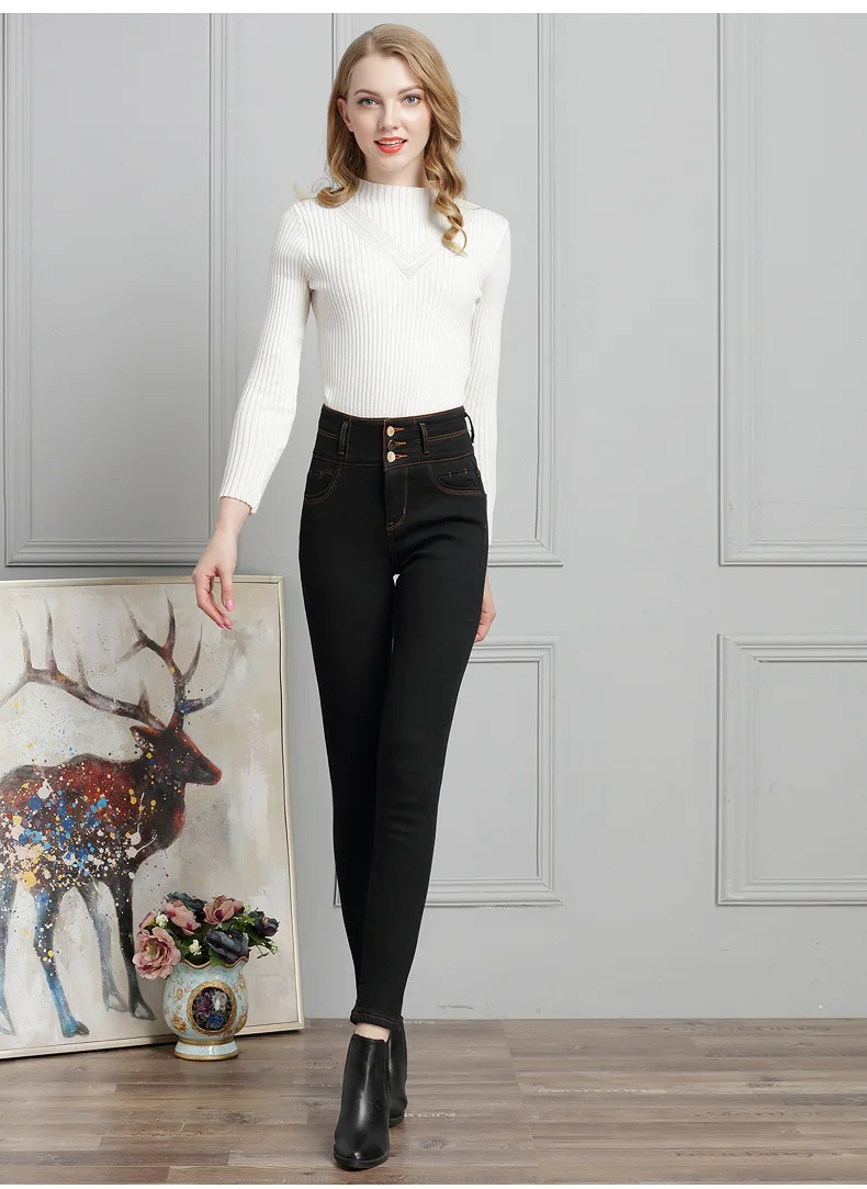 Новые зимние джинсы с бархатом для женщин, с высокой талией и толстыми тепловыми черными брюками, корейские трусики - Цвет: Black