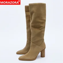 ZA INS – bottes hautes en cuir de vache pour femme, chaussures de luxe, à talons hauts, en daim, pour tenue de soirée, nouvelle mode hiver 2021