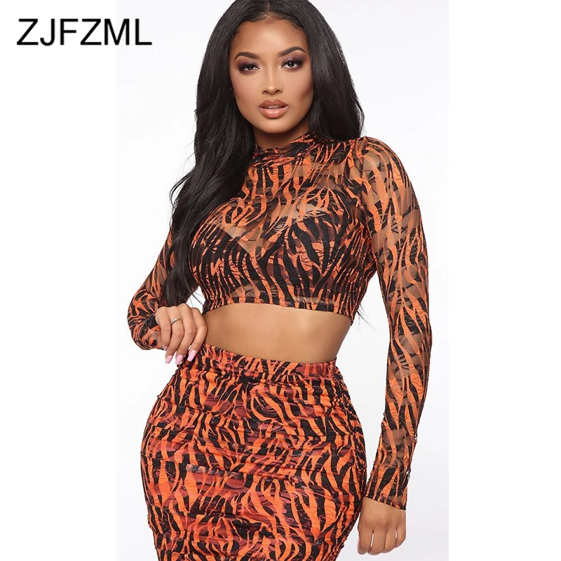 

Sheer Mesh Sexy Two Piece Matching Set Women Clothes O Neck Full Sleeve Crop Tops and Midi Pencil Skirts Plus Size Skirt Set