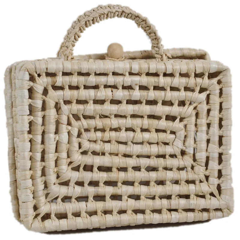 

Portable Small Square Box Simple Natural Pastoral Wind Straw Bag Square Hand-Woven Hollow Beach Bag