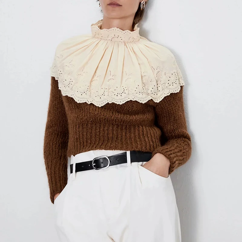 Модные новые женские Лоскутные свитер с высоким воротником кружевные пуловеры зима осень шикарные Джемперы zora vicky тонкие свитера za Топы
