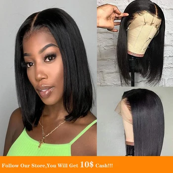 

Silky Short Bob 250% Density 13X6 Braided Lace Front Wig Straight Black Preplucked Human Hair Wig Gop Chang Band With Baby Hair