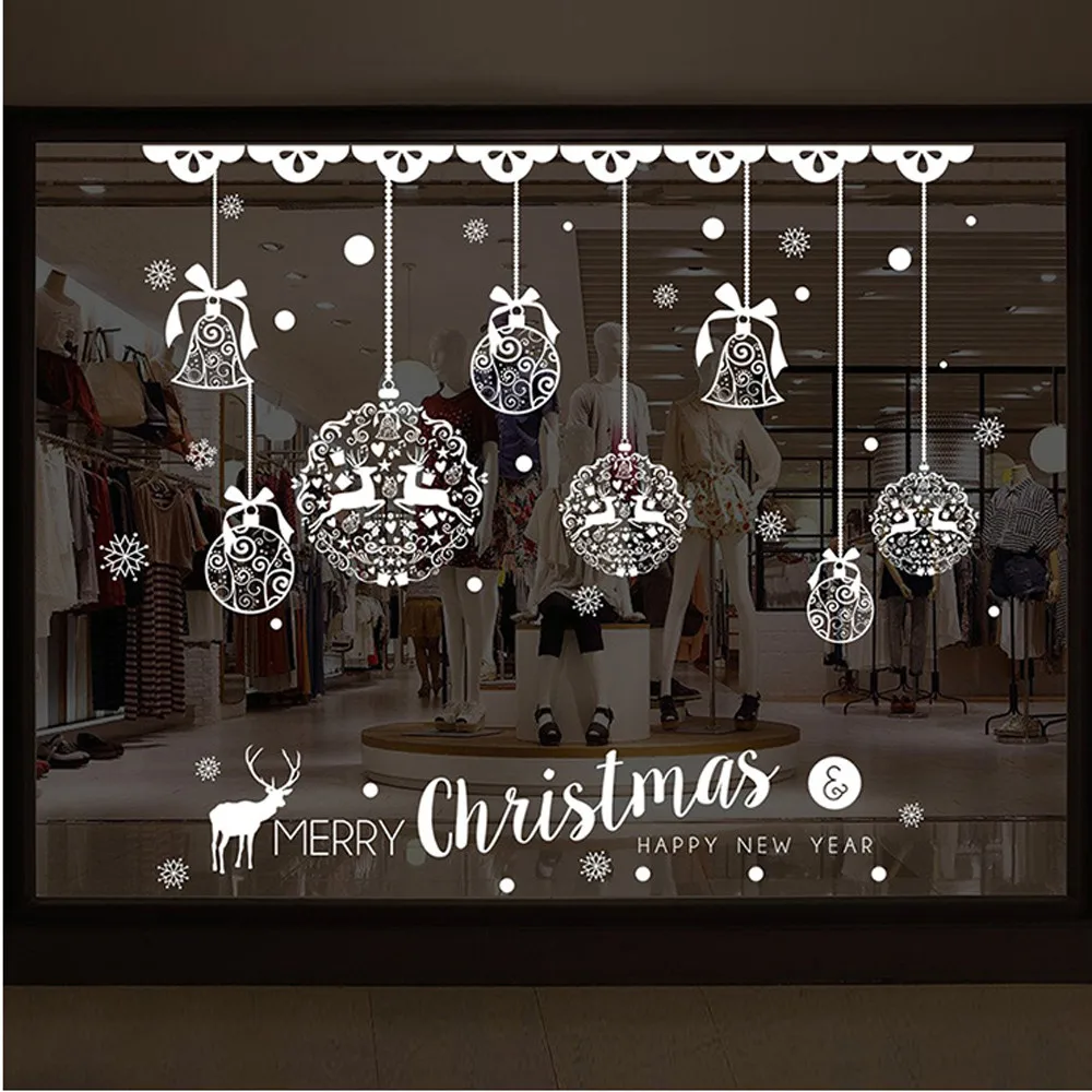 Рождественские украшения для окна магазина, настенные съемные наклейки, рождественские колокольчики, олени
