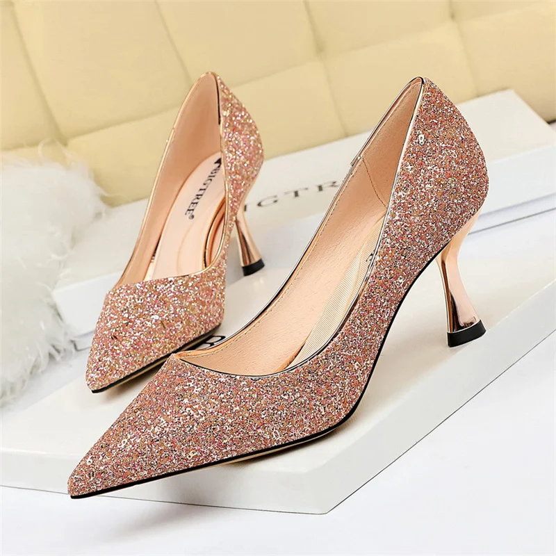 Весенние модные женские блестящие туфли-лодочки на высоком каблуке; цвет белый, золотой, синий; дизайнерские блестящие туфли на низком каблуке для вечеринки, свадьбы; большие размеры 34-43 - Цвет: Розовый