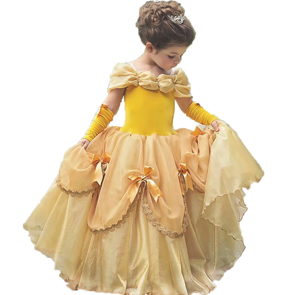 Yellow Belle принцессы Софии Аврора, Золушка платье принцессы Новое детское платье День рождения вечернее платье на Рождество и Хэллоуин; - Цвет: Yellow