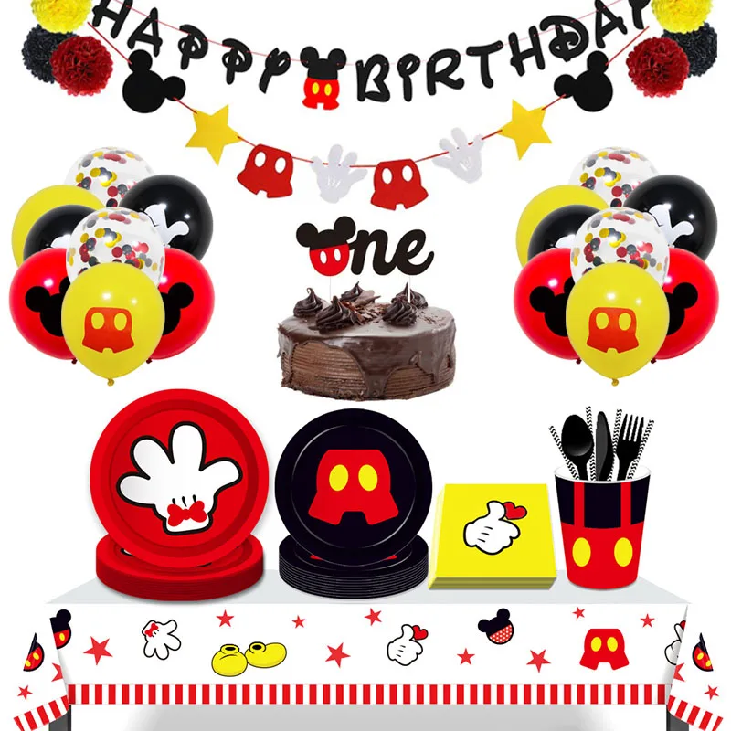 Tema de Mickey Mouse partido Banner fiesta 8 personas desechables placa servilleta taza pastel Toppers para niños a Favor de bandera de la decoración regalos