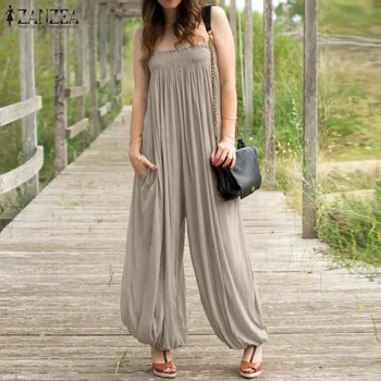 

ZANZEA Women Long Jumpsuit 2020 Summer Sexy Off Shoulder Jumpsuits Elegant Lady Party Wide Leg Female Overalls Cotton Playsuits