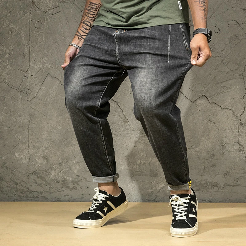 Denim Stretch Elastic Waist Jeans Men grey Cargo Drawstring Harem Homme Cotton Plus Size 48 7XL Full Length Pants | Мужская одежда