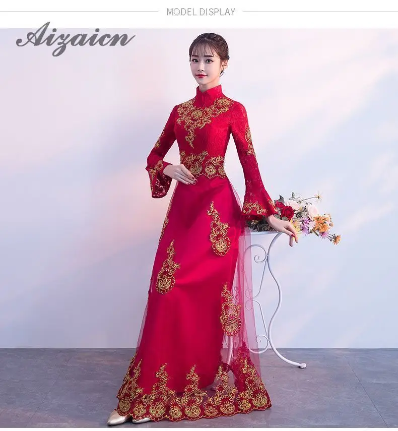 Красный сетка вышивка кружева Cheongsam Длинные Китайский традиционный Qipao свадебное платье с расклешенными рукавами халат Восточный Стиль