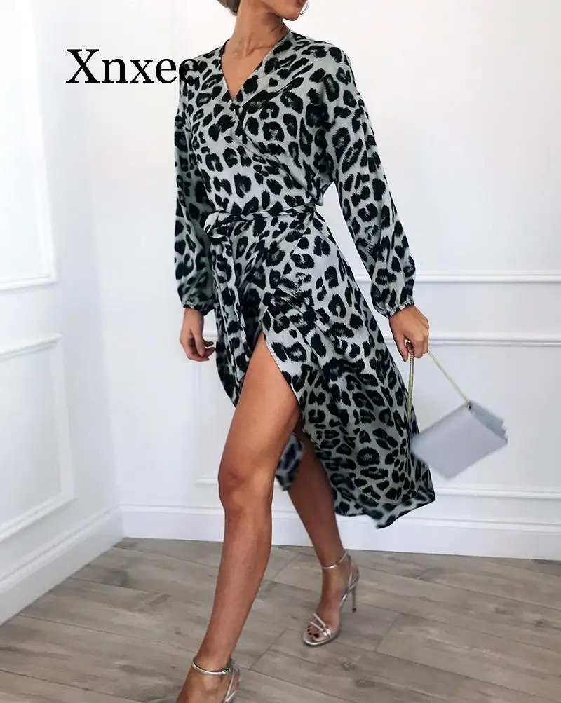 

Simple Leopard Dress 2020 Women Vintage Long Beach Dress Loose Long Sleeve Deep V-neck A-line Sexy Party Dress Vestidos