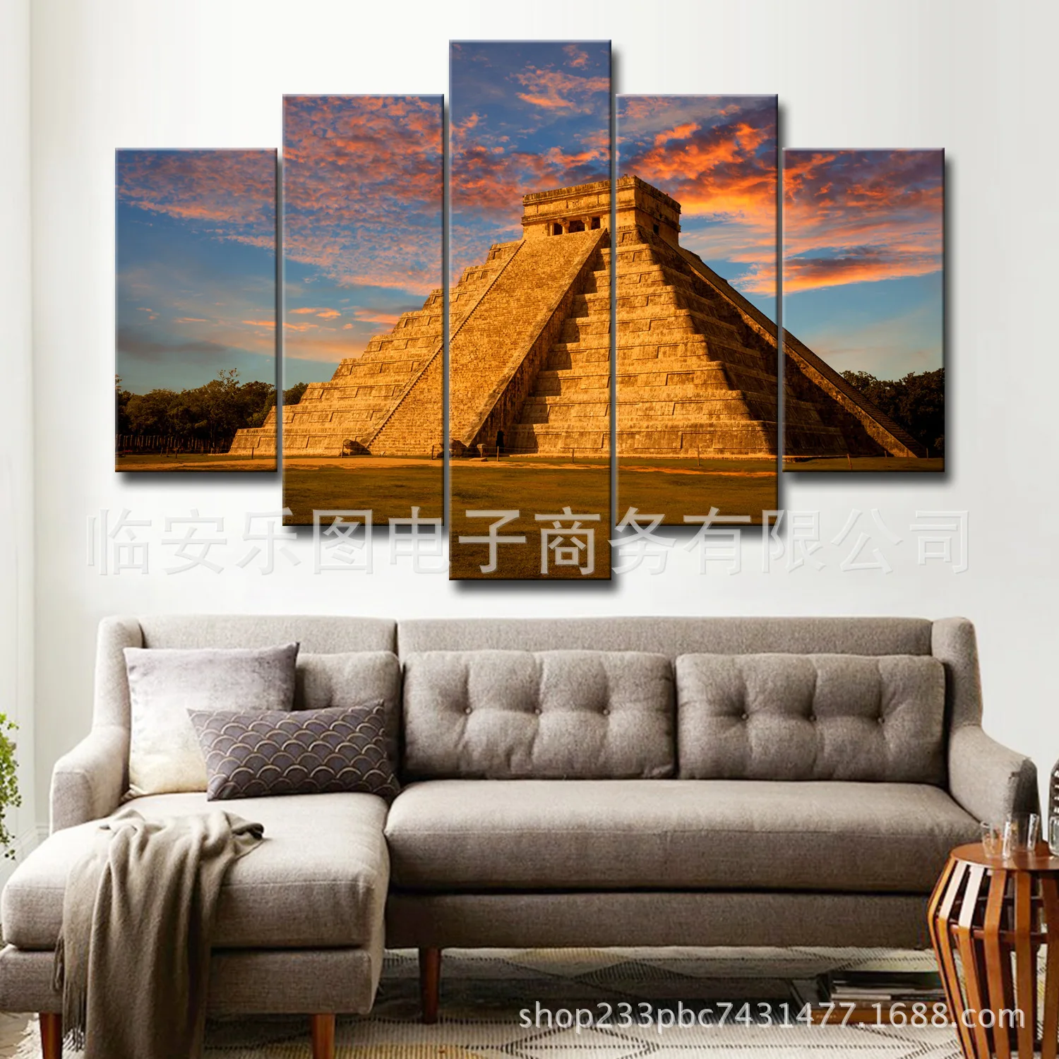 

Cross Border Supply Frameless 5 Joint Mayan Temple Canvas Sunset Living Room Wall Hanging Painting Foreign Trade Spray-print Pai