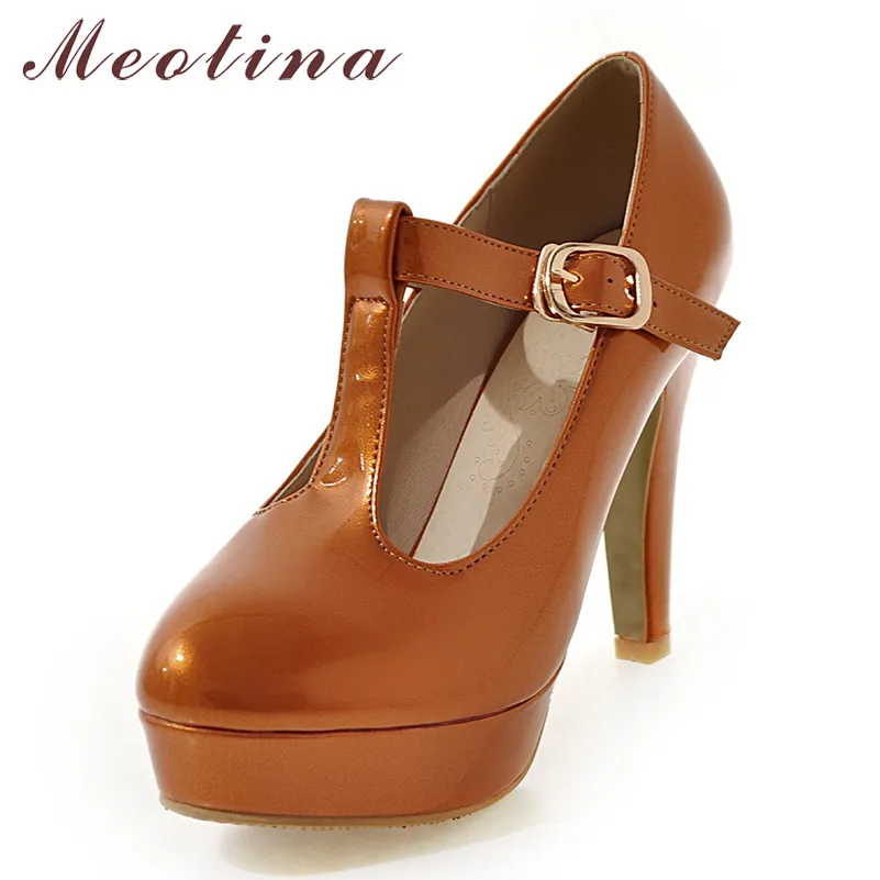 

Meotina High Heels Women Pumps Buckle Platform Spike High Heels T-strap Shoes Sexy Round Toe Party Shoes Ladies Plus Size 33-46