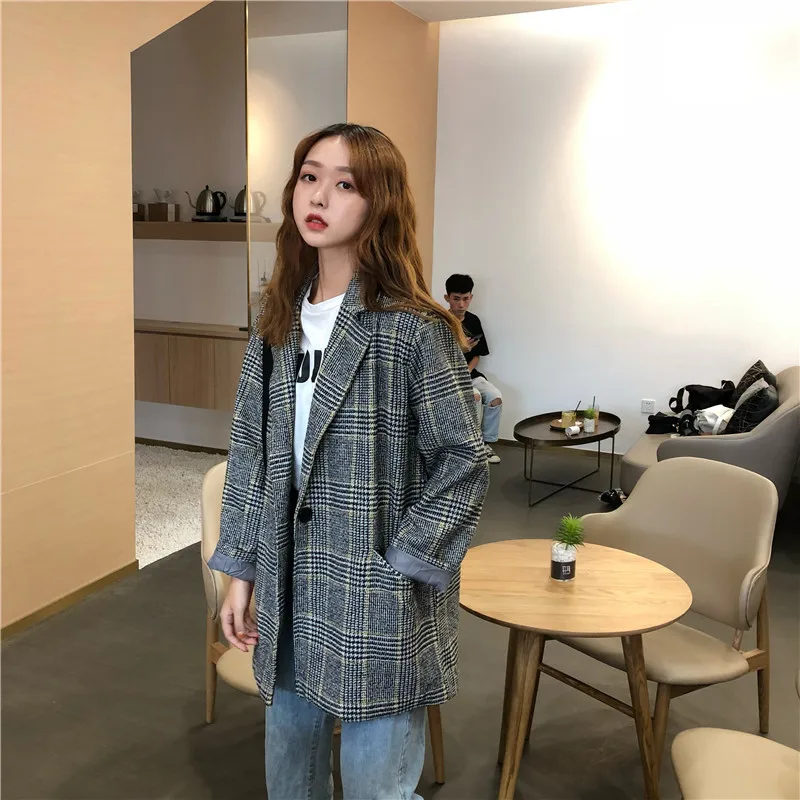 

Autumn Clothing 2019 New Style Retro Hong Kong Style Plaid Loose-Fit Mid-length Online Celebrity Woolen Long Sleeve Suit Jacket