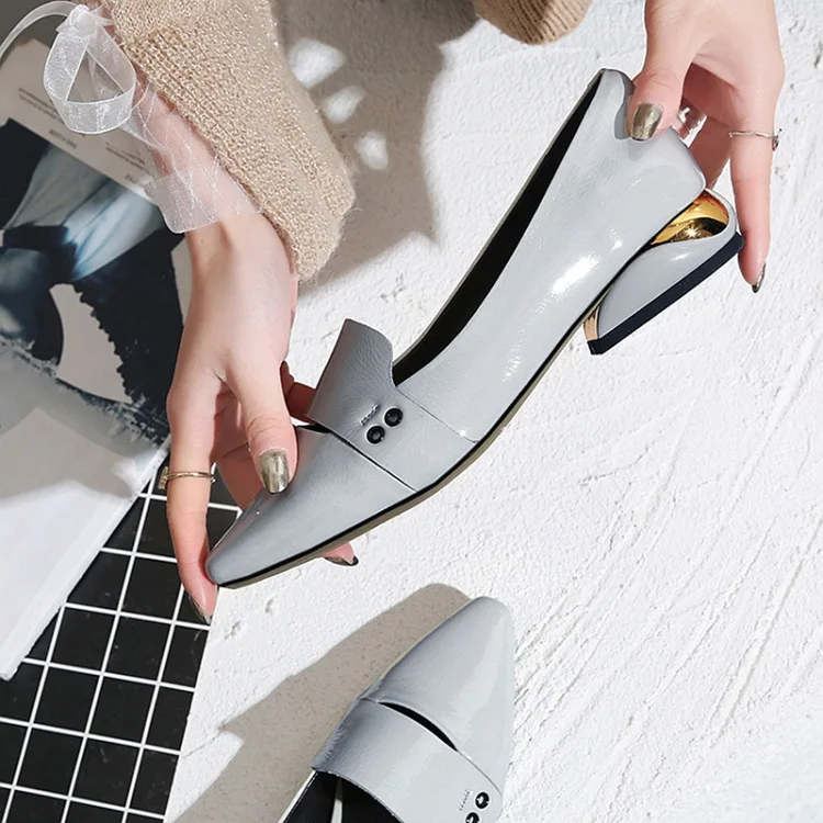 

2018 Autumn New Style Patent Leather Pointed-Toe Low Chunky Heel Shoes Women's WOMEN'S Genuine Leather Shoes British Style Versa