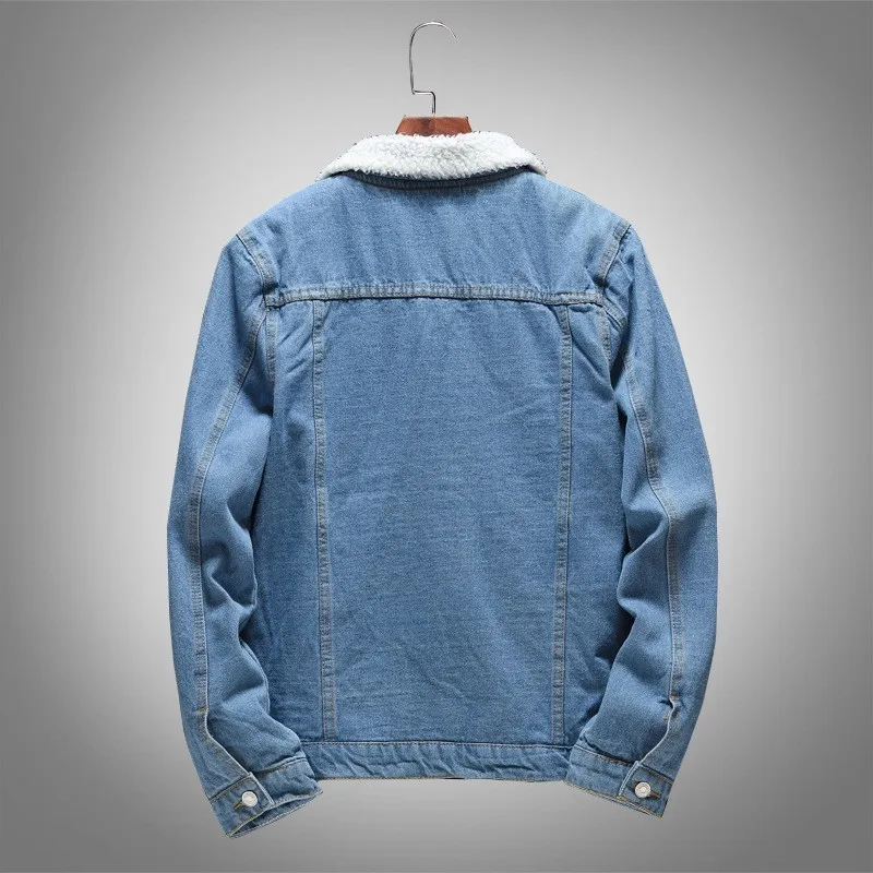 Winter Mens Fleece Lining Denim Jacket Slim Fit Korean Outerwear Coat Pockets Light Blue Casual Big Boys Plus Size M-5XL | Мужская