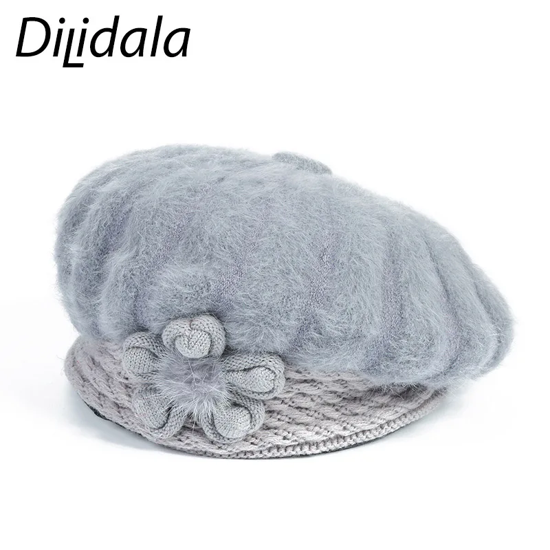 Dilidala, женская зимняя шапка, берет для женщин, на каждый день, мех кролика, Зимние теплые наушники, шерсть, шапка для мамы, зимние шапки для женщин, берет