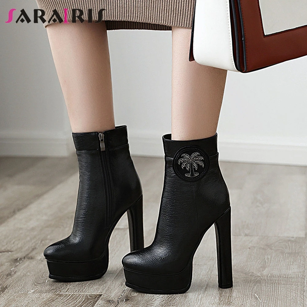 

SARAIRIS Fashion Rhinestone Flower Chunky High Heels Round Toe Platform High Top Ankle Boots For Women Autumn Winter Shoes
