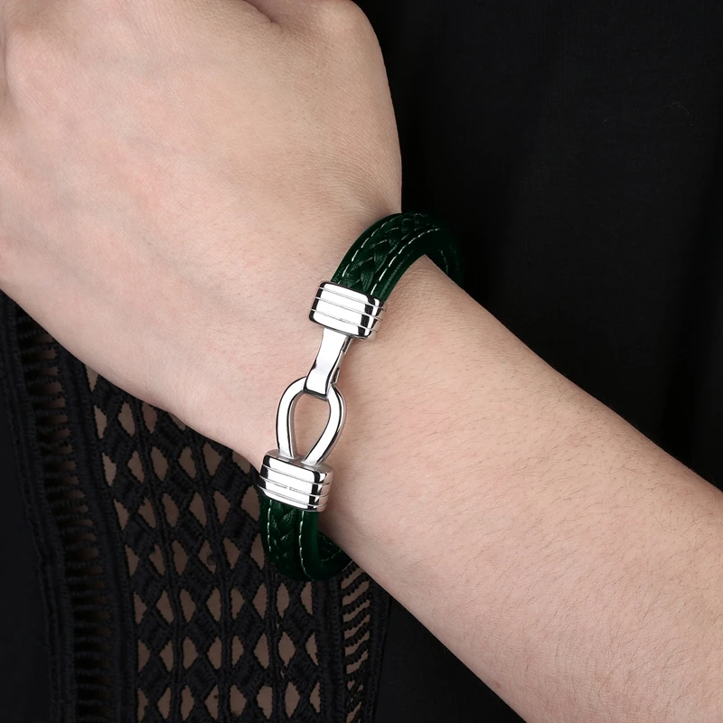 Retro New Arrival Genuine Leather Stainless Steel Bangle Women High Quality Fashion Jewelry Men's Bracelet Green