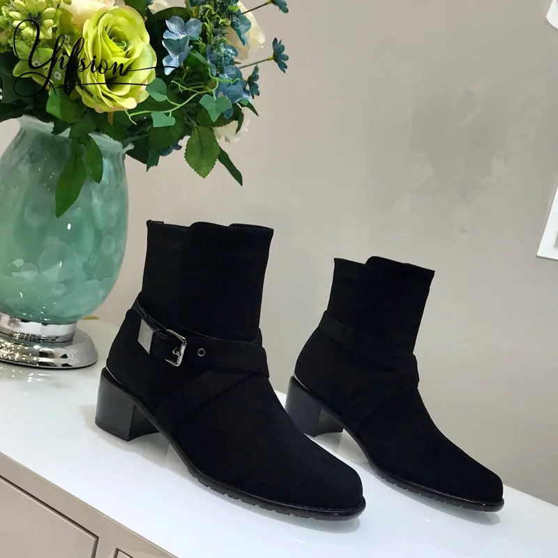 

OLOME New Black Kid Suede Women Gladiator Boots Buckle Round Toe Chunky Middle Heel Ladies Autumn Winter Boots Shoes Woman