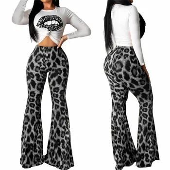 

2PC Set Women Long Sleeve Shirt Tops Long Leopard Print Boot-cut Flare Pants Set Casual Autumn Clothes Outfits