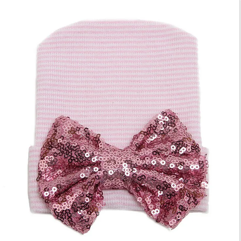 

Newborn Baby Sequin Hat Girl Bowknot Beanie Hat Infant Kid Knitting Hospital Cap Solid Striped Bow Hat