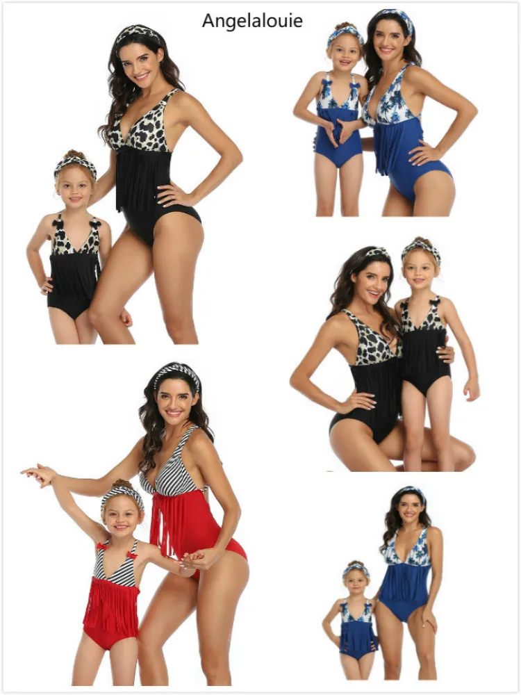 

2019 Mother Daughter matching Swimsuits Printing piece double lotus leaf Parent-Child Swimwear Family Matching Swimsuit Outfits