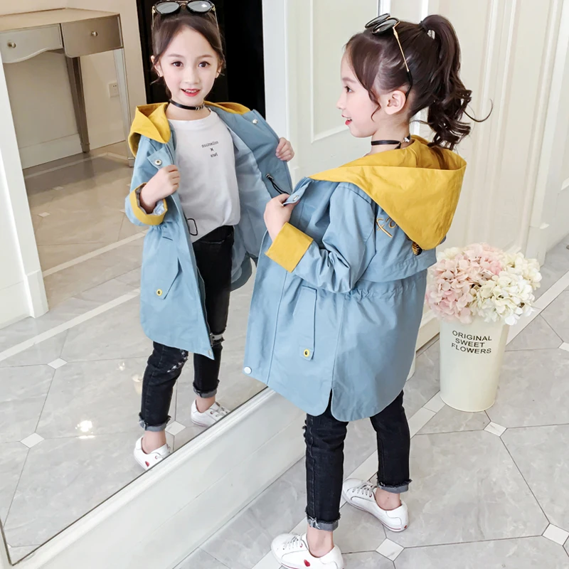 Candy Girls Windbreakers Casual Loose Hooded Kids Long Coats Jackets Cotton Fashion Girls Outwear Vestidos for 6 8 10 12 Years