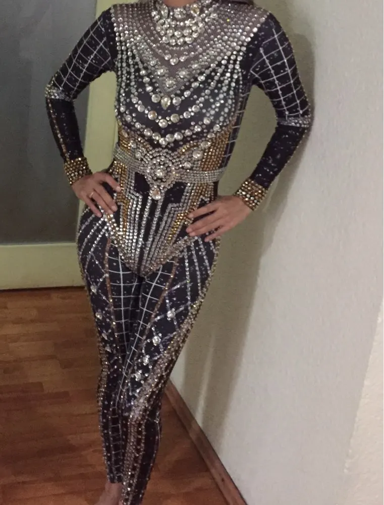 Sparkly Rhinestone Crystal Jumpsuit Women Long Sleeve Spandex Nightclub Bar Prom Party Outfit  Singer Jazz Dance Stage Costume