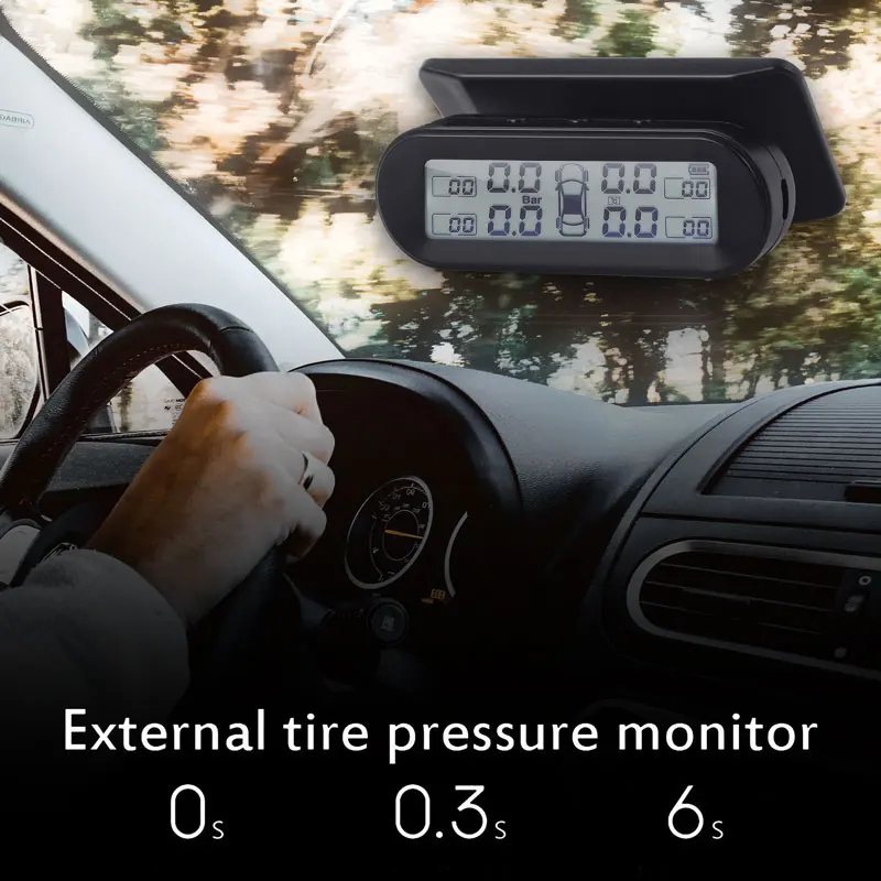 Tanie Vehemo lcd do samochodu TPMS z 4 zewnętrznymi wbudowanymi czujnikami systemy alarmowe bezpieczeństwa Auto TPMS monitorowanie ciśnienia w oponach System Gauge