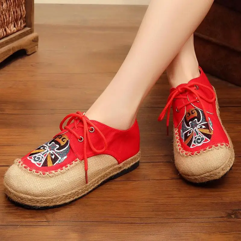 

Embroiderey North Face Shoes Women Red Espadrilles Breathable Comfortable Lace Up Hemp Shoes Canvas Flats Round Toe Linen Loafer
