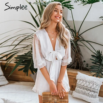 

Simplee Sexy v-neck women jumpsuit romper Elegant flare sleeve bow tie female playsuits Casual streetwear ruffled lady jumpsuit
