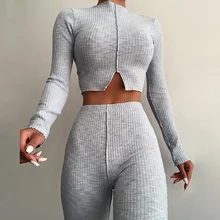 

Knitted 2021 New Rib Tracksuit Women Sexy Two Piece Set Jogging Femme Casual O Neck Slit Crop Top + Flare Pants Outfits Clubwear
