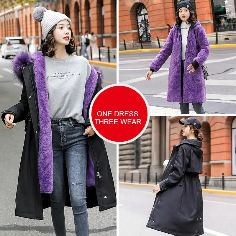 SAMGPILEE-30 градусов, одежда для снежной погоды Длинные парки зимняя куртка Для женщин с меховым капюшоном Костюмы женский Меховая подкладка Толстое Зимнее пальто Для женщин - Цвет: Purple