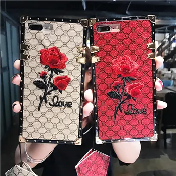

Luxury metal square silicone Embroidery Rose Lanyard Leather Strap Phone Case For iphone X XR XS 11 Pro Max 7 8 6 6s plus Cover