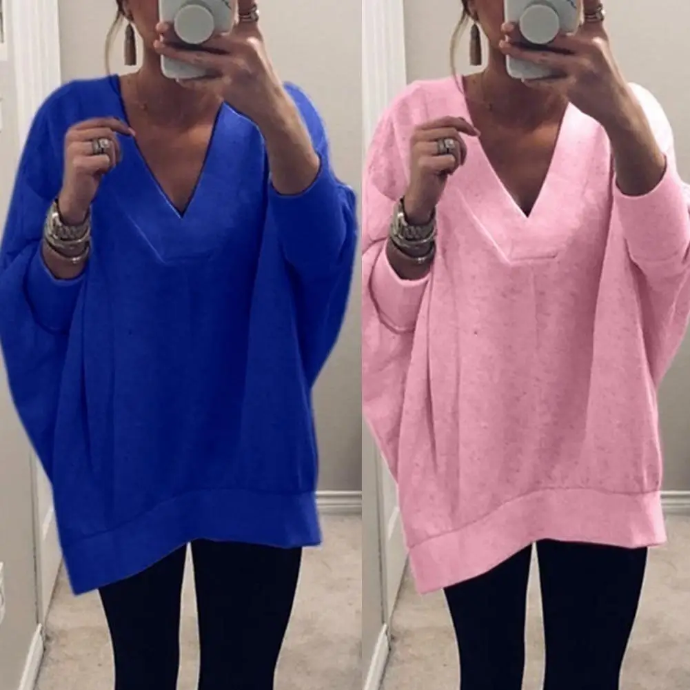 

Simple Women Autumn Solid Color Long Batwing Sleeve V Neck Knitted Baggy Sweater