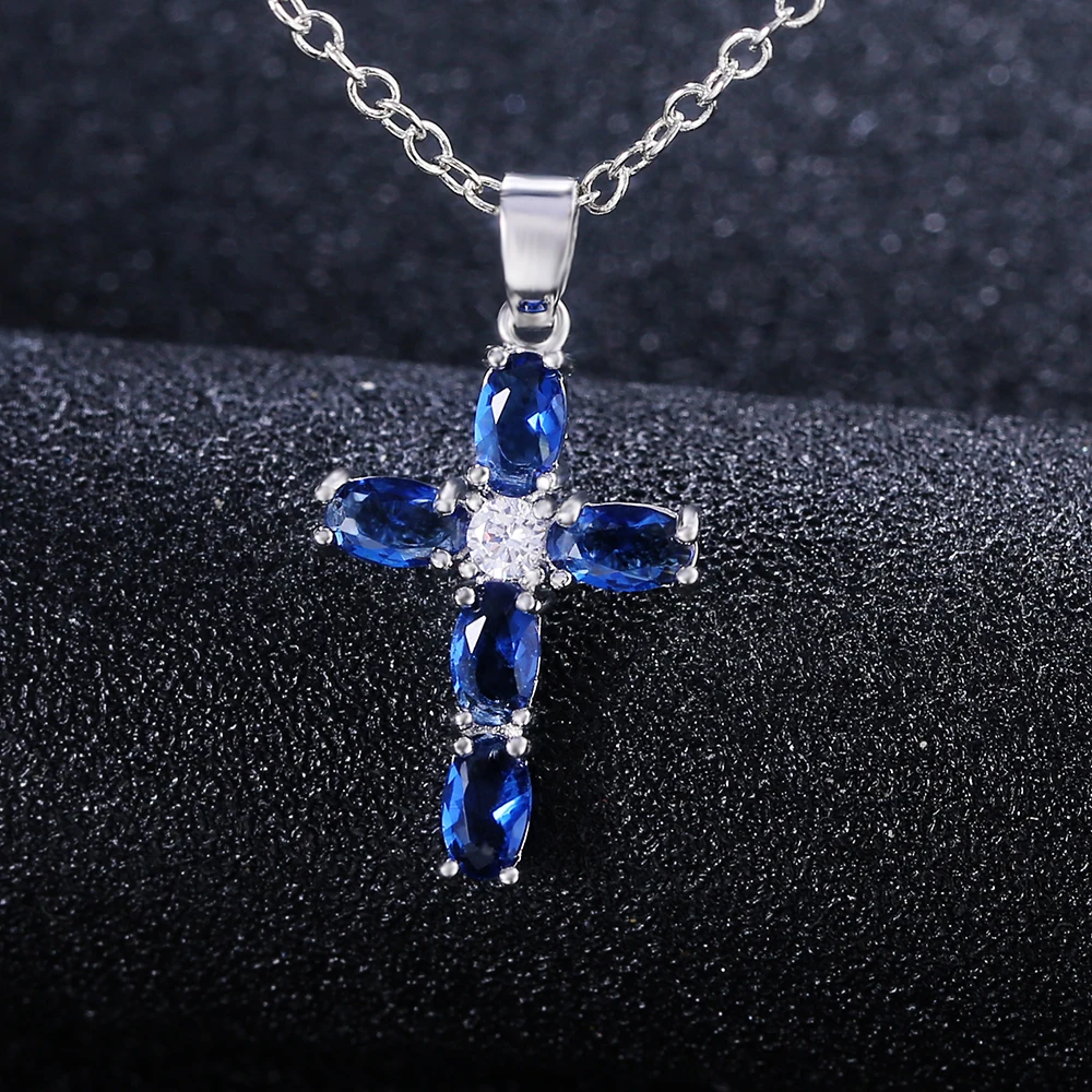 Huitan Fashion Oval Blue Stone Cross Pendent Delicate Women Necklace Daily Wear Anniversary Christmas Gift High Quality Jewelry