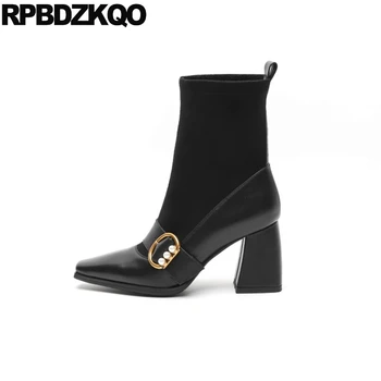 

slip on 9 suede sheepskin shoes square toe pearl brand women winter boots genuine leather high heel ankle metal chunky luxury