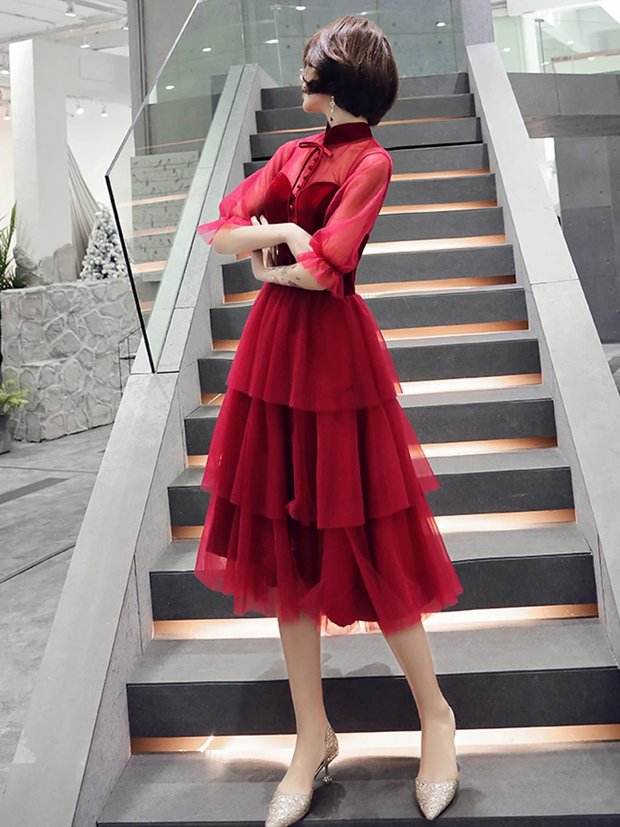 Это Yiiya платье для выпускного вечера элегантное Многоярусное платье длиной до середины икры бургундское женское торжественное платье с высоким воротником размера плюс E1285