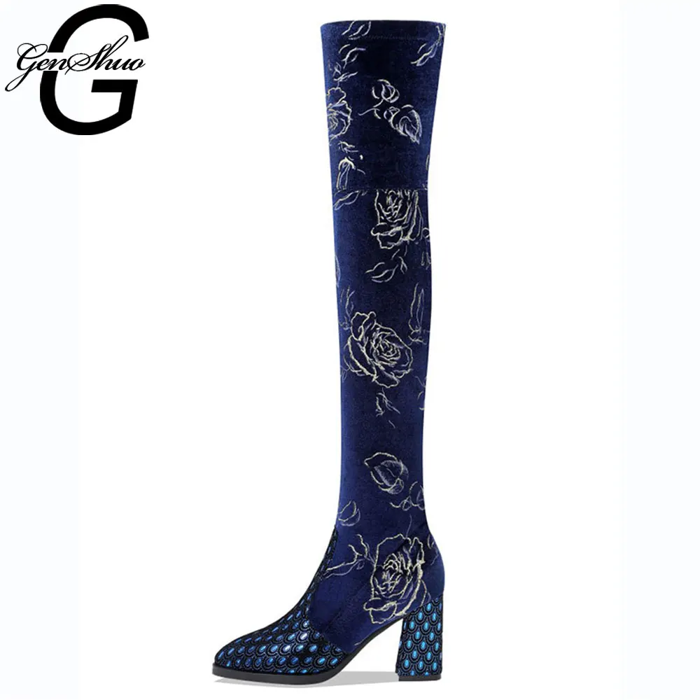 

GENSHUO Women Over The Knee High Boots Hoof Heels Winter Shoes Pointed Toe Sexy Elastic Fabric Women Suede Boots Pumps Woman