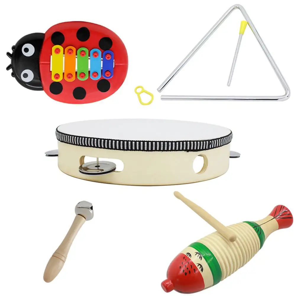 

5pcs Orff Musical Instrument Set with Fish Frog+Hand Tambourine+Barbell+Music Triangle+Beetle Five-tone Aluminum Pannel Guitar