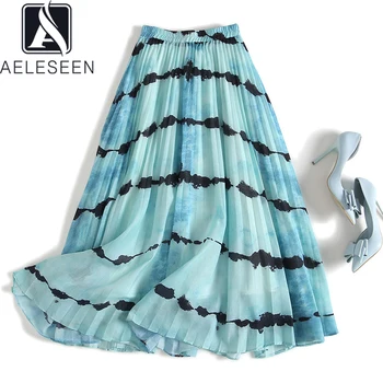 

AELESEEN Casual Summer Women Skirt 2020 Runway Fashion High Waist Elastic Pink Yellow Blue Tie-dye Print Pleated Holiday Skirts