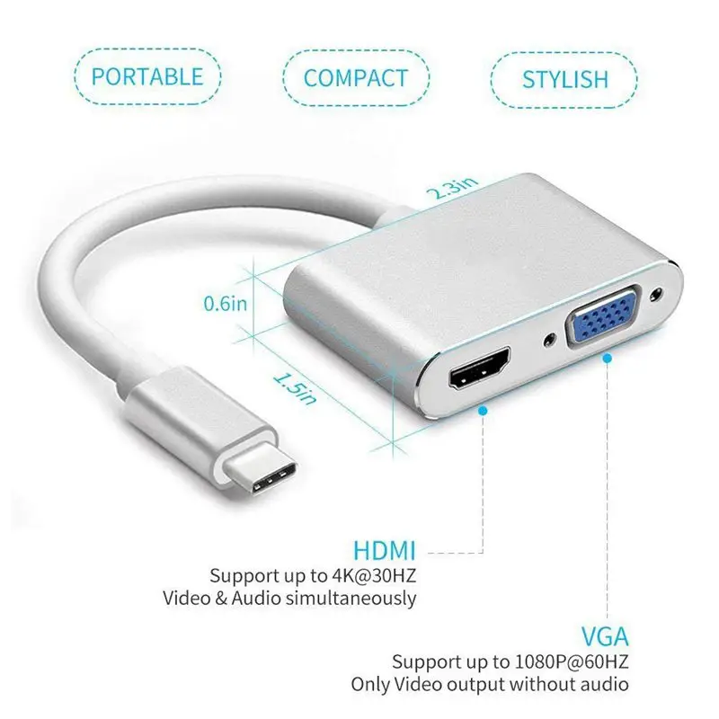 USB C к HDMI+ VGA, usb type C(Совместимость с Thunderbolt 3) к HDMI 4K+ VGA адаптер, совместимый Pro/Chromebook Pixel/X