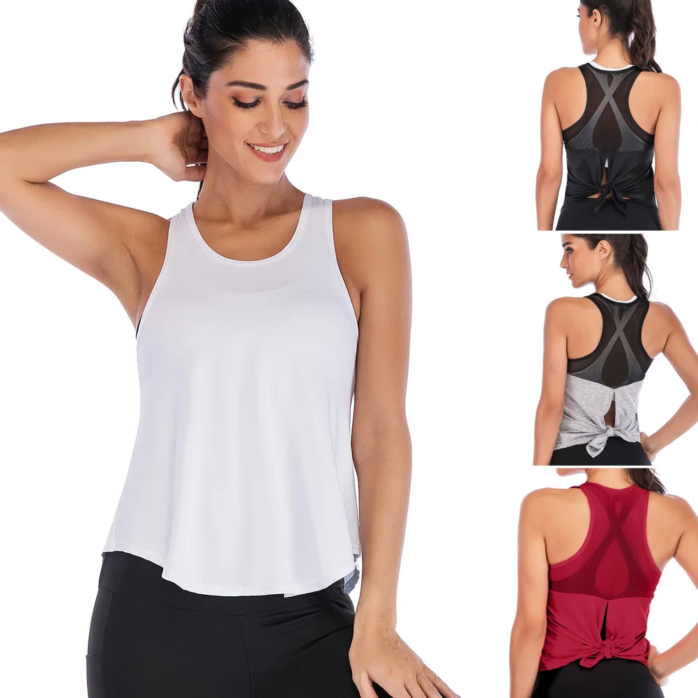 Летние топы Для женщин эластичные тонкие открытые бантик сплошной цвет без рукавов круглый вырез горловины с оборками сзади Разделение сетчатая ткань майки в стиле "Пэчворк"