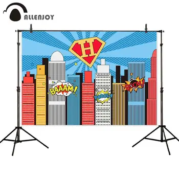 

Allenjoy Cityscape Banner Colorful Building Stripe Baaam Boom Pooof Superhero Event Supplies Baby Birthday Cartoon Party Curtain