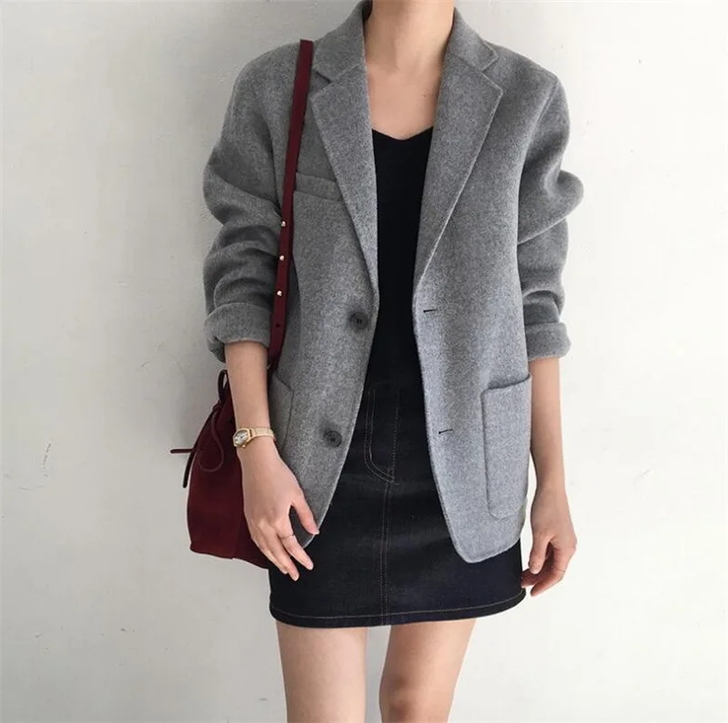 

19 Years Autumn And Winter South Korea Simple Versatile Classic Style Small Suit Double-Sided Sew Wool Overcoat Short Jacket Wom