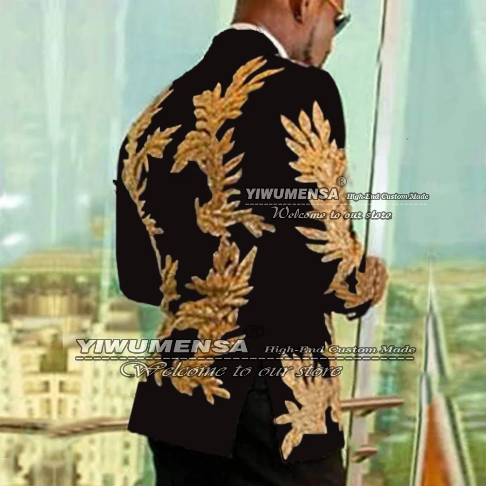 Black Men Suits Gold Shinny Appliques 2 Pieces Set (Jacket Pant) Wedding Tuxedo Business Blazer Masculino Single Breasted Dress