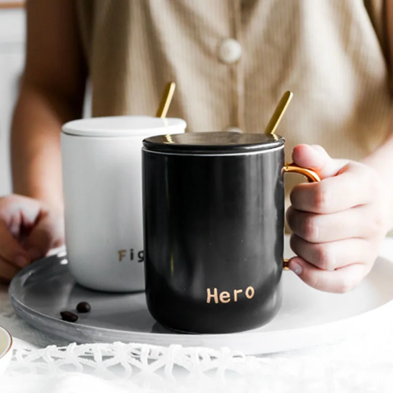

Ceramic breakfast cups simple water tea cup coffee mug porcelain 400ml for home office use with lid and spoon couple love mugs