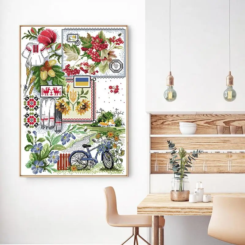 Field scenery cross stitch DIY flower bicycle pattern 11CT 14CT canvas printing needle and thread embroidery kit Christmas gifts