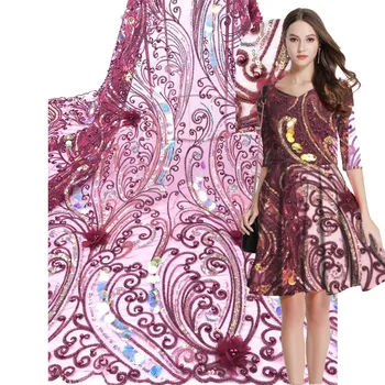 

African Lace Fabric 2019 High Quality Purple Color Sequins Organza Lace Fabric French Tulle Llace Fabric with Stones