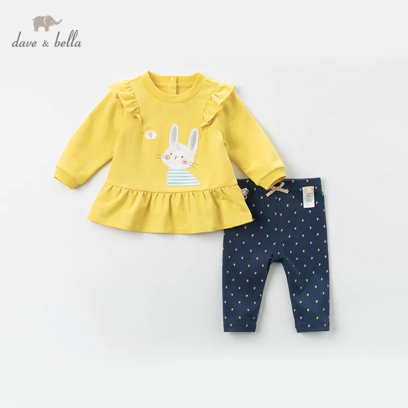 Moda dos Desenhos Conjuntos de Roupas Dave Bella Primavera Bebê Meninas Animados Ruched Arco Crianças Bonito Manga Longa Conjuntos 2 Pcs Terno Dbm12841